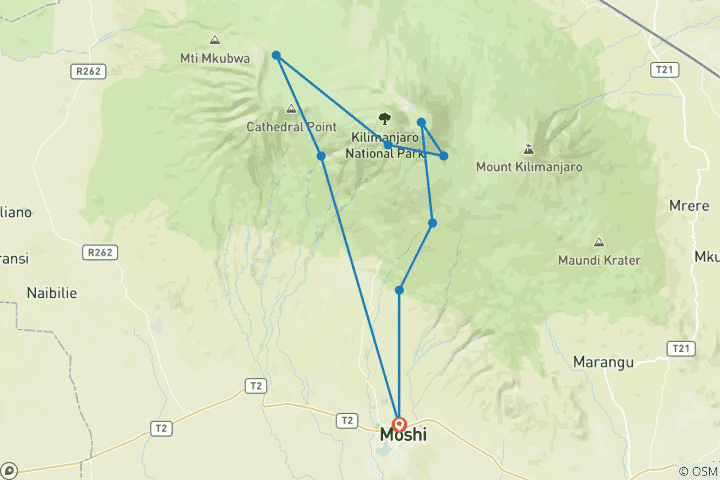 Kaart van De beste 7-daagse Machame Route: Het mooiste pad van de Kilimanjaro naar de top