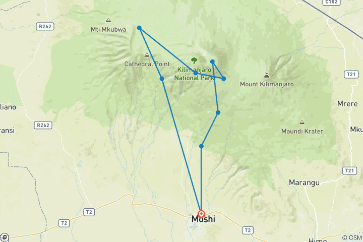 Kaart van Machame Route - Top top beklimming Kilimanjaro in 7-daagse