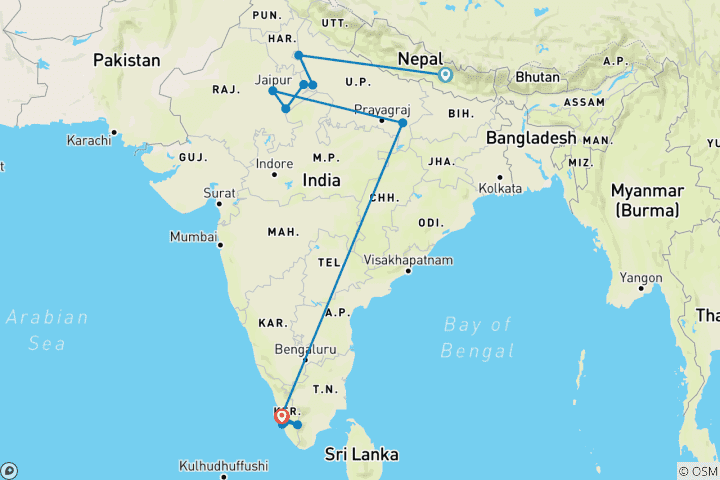 Map of Best of India (With Kerala And Nepal, 19 Days)