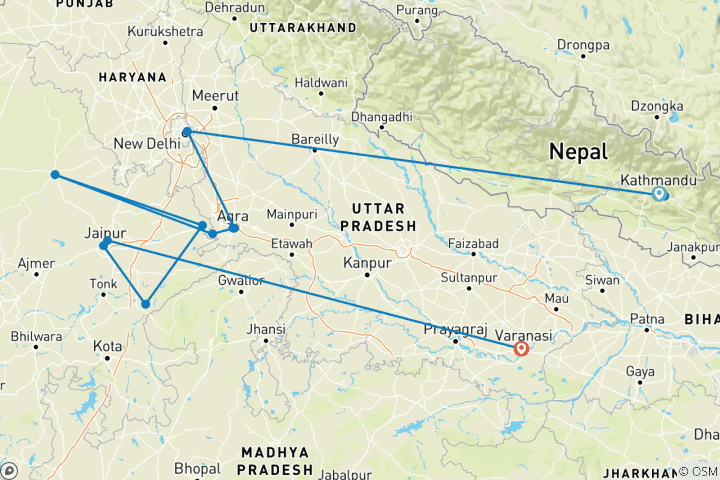 Map of Best of India (With Kerala And Nepal, Intra Tour Air Kathmandu To Delhi)
