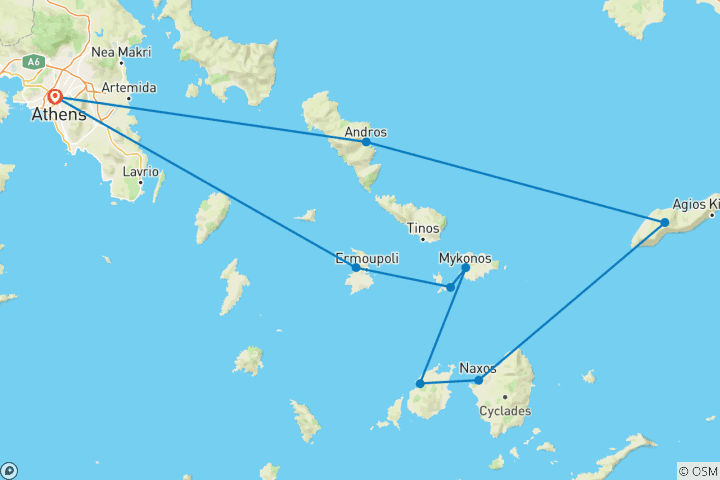 Map of Yoga Retreat. Cyclades cruise 2025