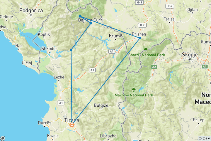 Map of Komani Lake, Valbona Valley and Prizren - 2 Days Tour from Tirana