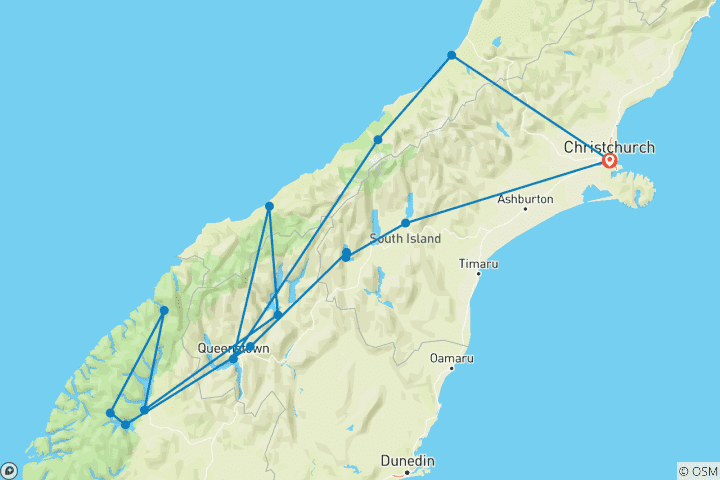 Map of New Zealand: Sweet As South (Westbound, 9 Days)