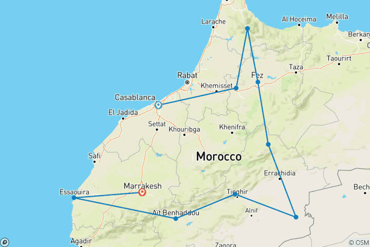 Carte du circuit De CASABLANCA à MARRAKECH (14 jours) Maroc Encompas