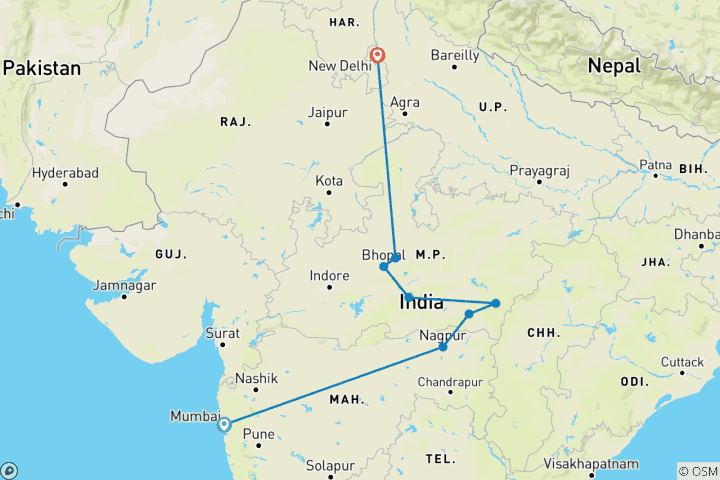 Map of Central India Tiger Trails with Indian Marvels