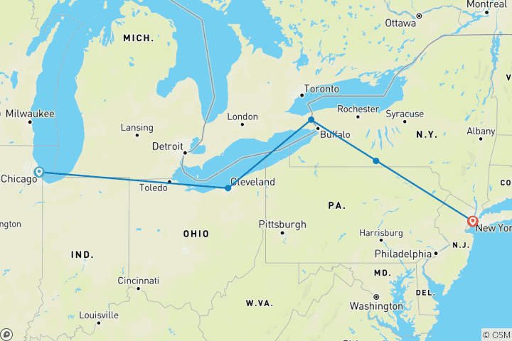 Carte du circuit Chicago, Niagara et New York