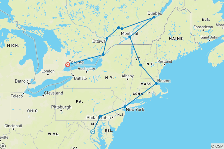 Karte von Wunder der Ostküste bis Toronto (12 Destinationen)