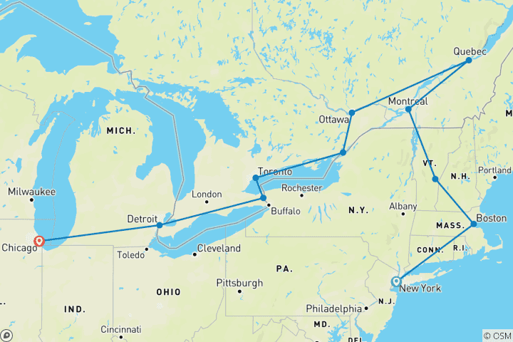 Carte du circuit L'essentiel de la côte Est, Niagara et Chicago (11 destinations)