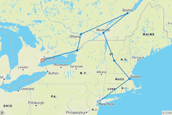 Carte du circuit Côte Est Essentiel et Fin Toronto