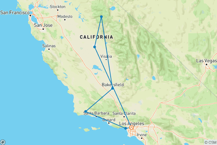 Map of Los Angeles, Yosemite, and Giant Sequoia (7 destinations)