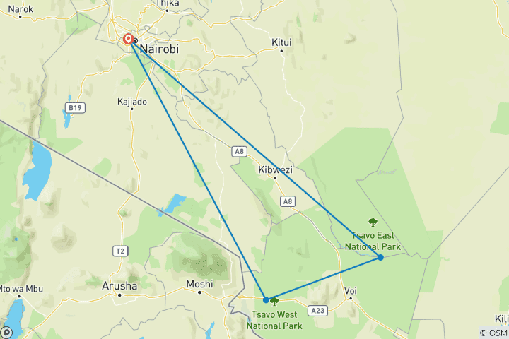 Carte du circuit Safari de 3 jours dans les parcs nationaux de Tsavo Est et Ouest