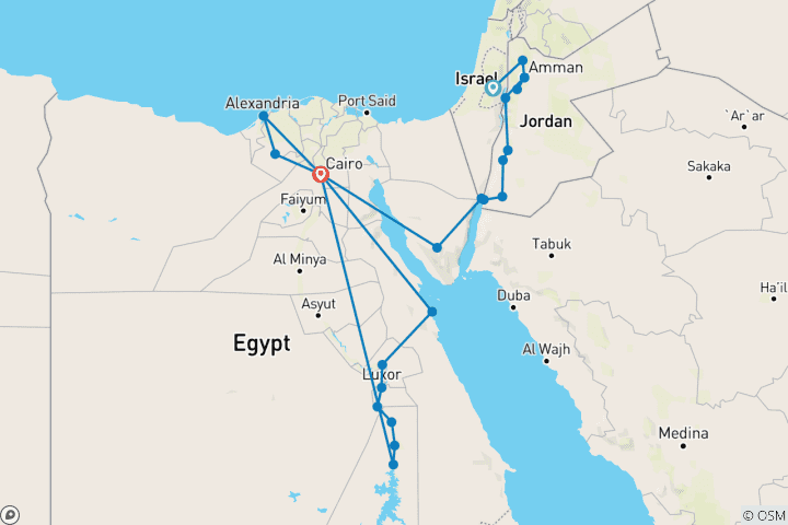 Kaart van Jeruzalem, Jordanië&de geheimen van de Nijl met Alexandrië (24 bestemmingen)