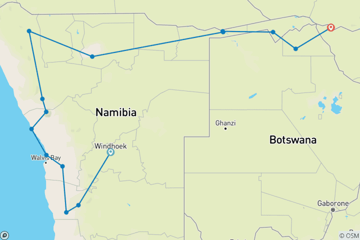 Map of 15-Day Namibia, Botswana and Zimbabwe Safari Tour