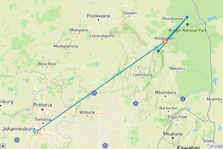 Kaart van 5-daagse Groot Krugerpark, Panoramaroute en Cultuursafari