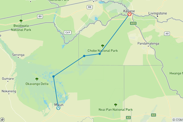 Map of 6-Day Wildlife Camping Safari in Botswana