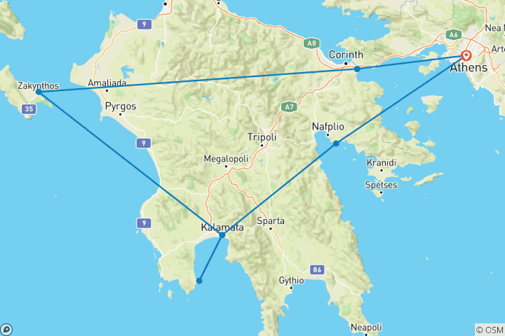 Carte du circuit Roadtrip en Grèce : le Péloponnèse rencontre Zakynthos