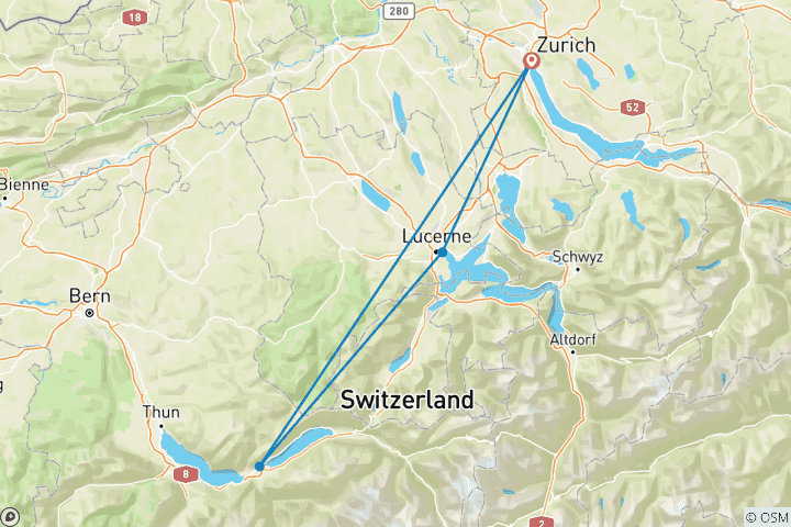 Kaart van Reis door Zwitserland – verblijf in Luzern & Zürich – 5 dagen