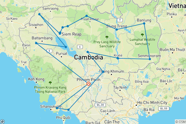 Karte von Kambodscha 22 Tage Von allen Highlights zu den Stränden Private