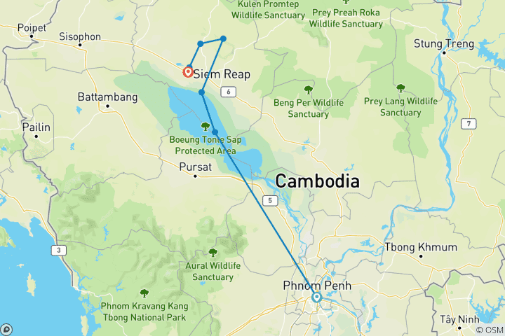 Kaart van Cambodja Culturele Reis 7 Daagse Privé Tour van Phnom Penh naar Siem Reap