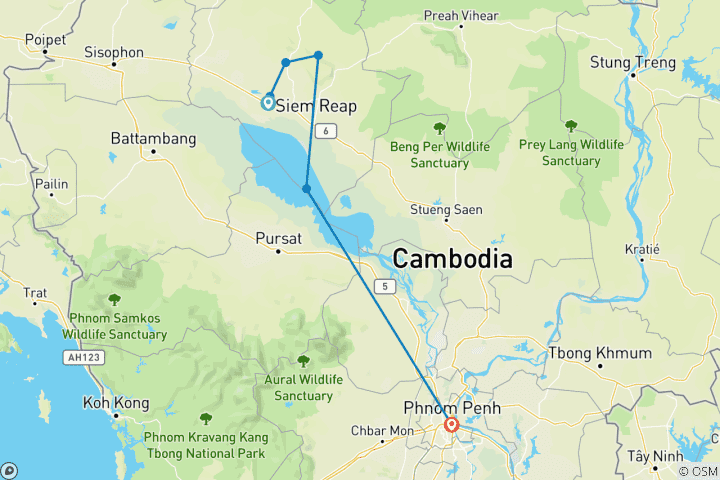 Kaart van 7 dagen privé cruise over de rivier van Siem Reap naar Phnom Penh