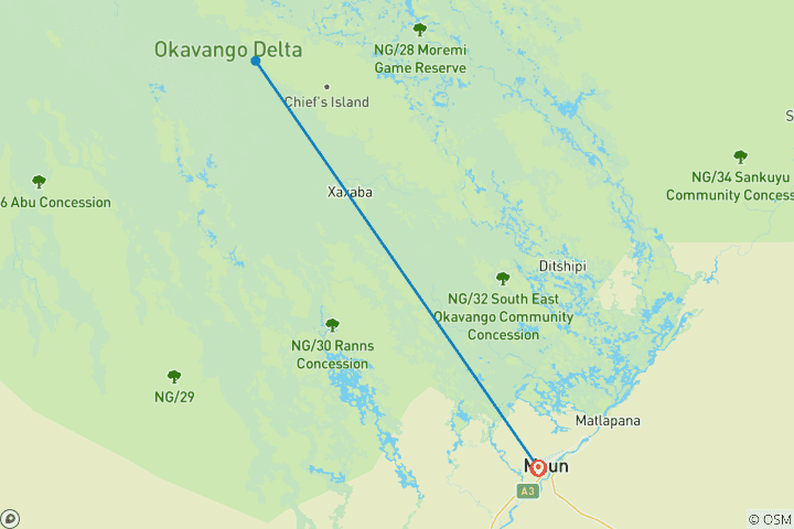 Map of 7-Day Game Drive, Boat, and Safari Walks Experience, Botswana