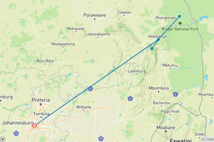 Map of 6-Day South Africa Kruger, Panorama & Mid-Range Tour