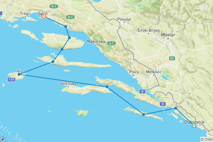 Map of Sail Croatian Islands; Dubrovnik to Split in 8 Days