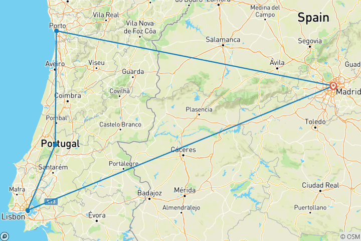 Carte du circuit 9 jours Madrid, Cordoue, Lisbonne, Porto, Fátima et bien plus encore