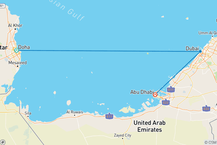 Map of Bahrain, Qatar, Dubai and Abu Dhabi (from Doha to Abu Dhabi)