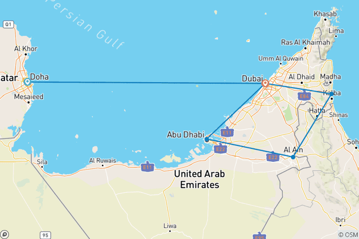 Map of Bahrain, Qatar, Dubai and Arab Emirates (from Doha to Dubai)