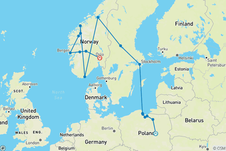 Map of Fabulous Poland and Fjords End Oslo