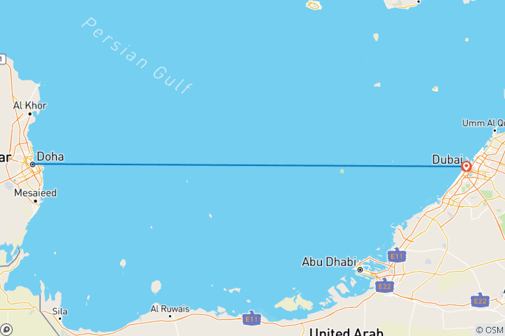 Map of Bahrain, Qatar and Dubai (from Doha to Dubai)