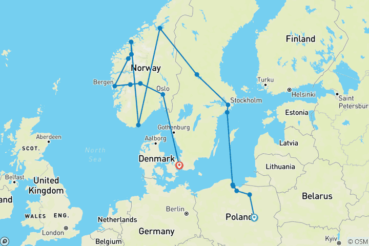 Kaart van Fantastisch Polen & de fjorden – eindpunt Kopenhagen (inclusief Nynashamn)