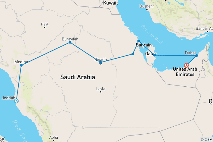 Map of Saudi Arabia with Bahrain, Qatar and Emirates end Abu Dhabi (9 destinations)