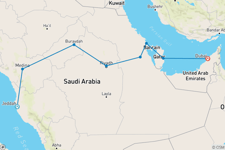 Map of Saudi Arabia with Bahrain, Qatar and Emirates end Dubai (8 destinations)