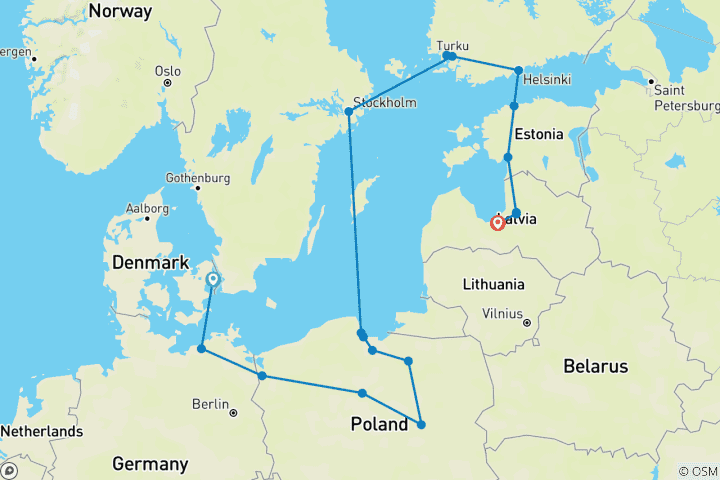 Map of Nordic Gems and Poland End Riga (18 destinations)