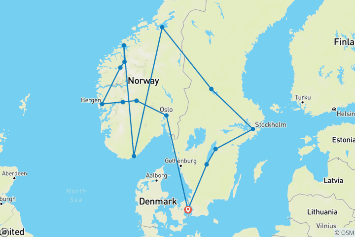 Kaart van Noordse rondreis – vanuit Kopenhagen (16 bestemmingen)