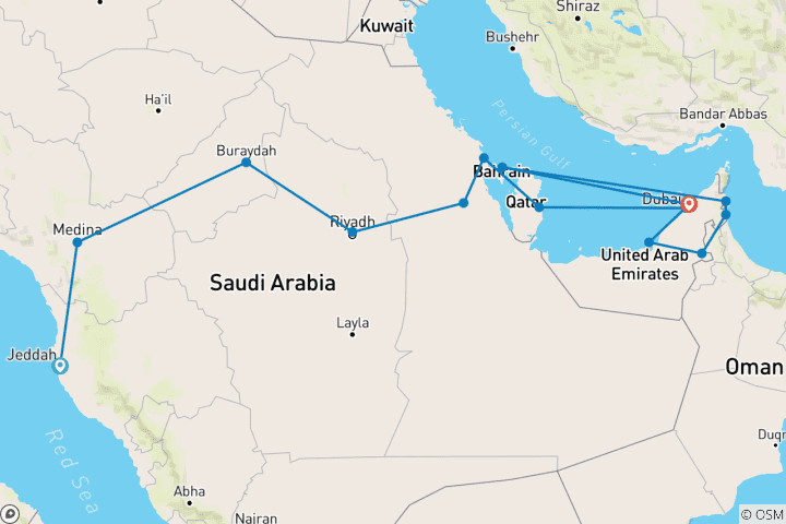 Carte du circuit L'Arabie Saoudite avec Bahreïn, le Qatar et les Émirats (from Jeddah to Charjah)