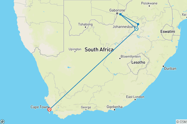 Kaart van 8-daagse Madikwe wildreservaat, rondreis door Johannesburg en strandvakantie in Kaapstad