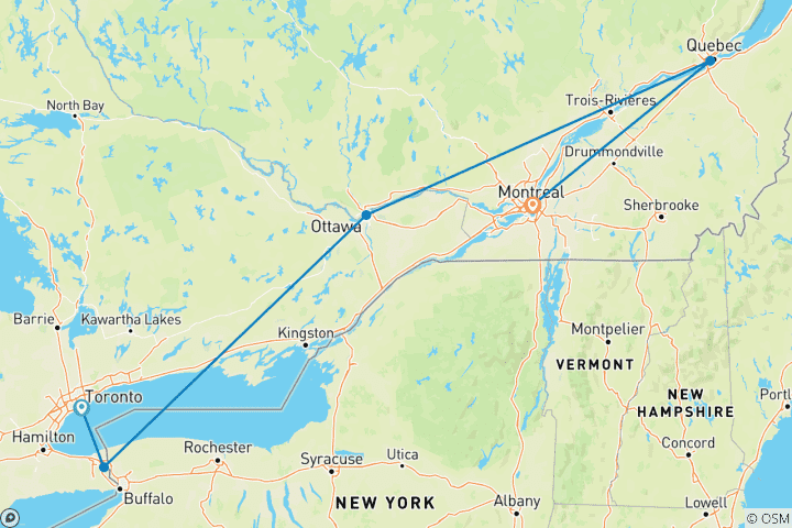 Map of The Best of Eastern Canada featuring Niagara Falls, Ottawa, Quebec City & Montreal (Toronto, ON to Montreal, QC)