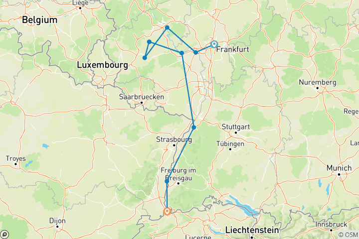 Map of Castles & Vineyards of the Rhine & Moselle 2026 - 8 Days (from Frankfurt-am-Main to Basel)