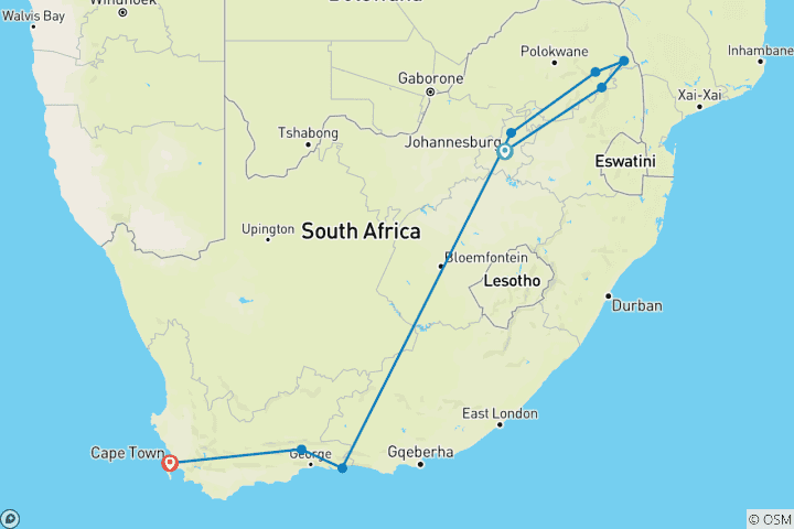 Carte du circuit Outeniqua - 15 jours de voyage d'aventure (8 destinations)