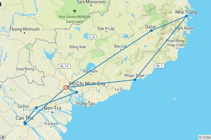 Kaart van Hoogtepunten van Zuid-Vietnam - 11 dagen