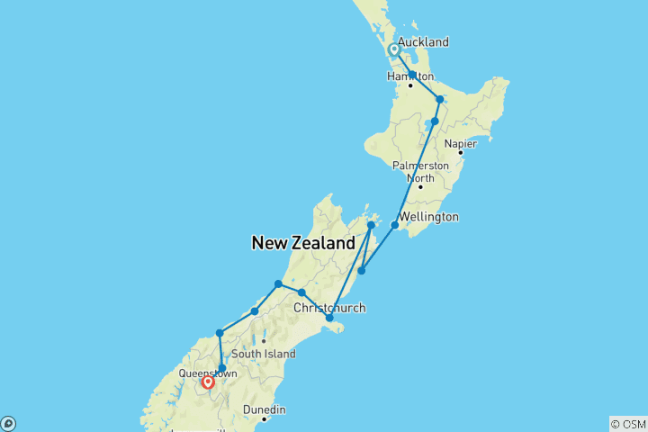 Map of New Zealand Panorama (Southbound, 16 Days)