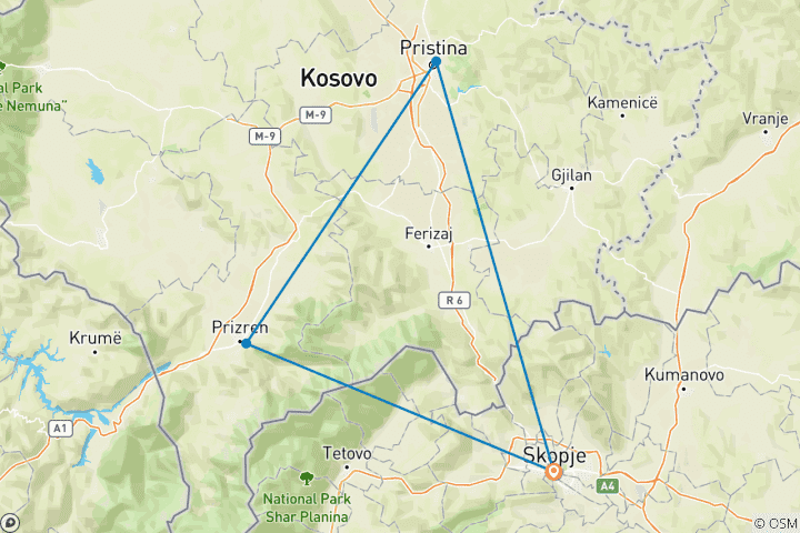 Mapa de Viaje en grupo reducido a Kosovo: Pristina y Prizren desde Skopje