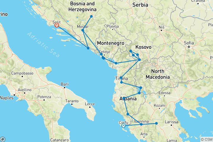 Map of Small Group Tour; 7 Balkan Countries from Corfu to Dubrovnik or Split