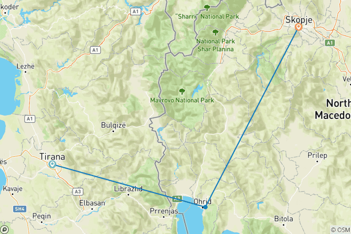 Map of Private transfer Tirana to Skopje with 1h stop in Ohrid