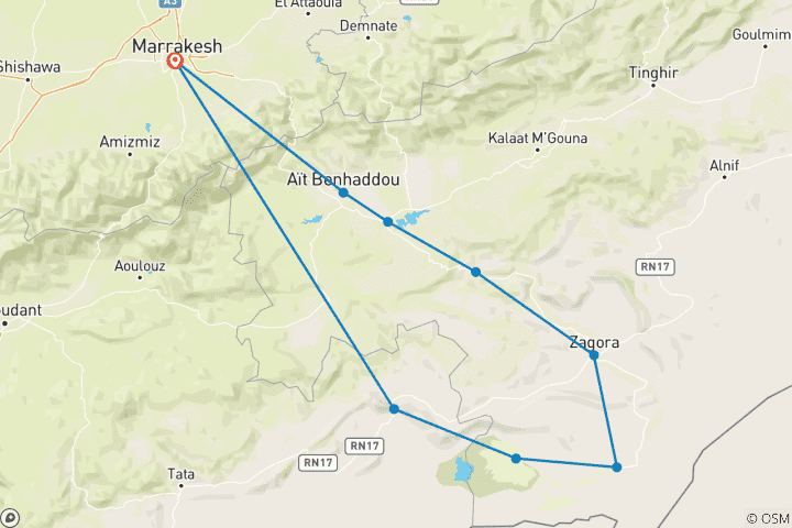 Kaart van Woestijnreis vanuit Marrakech 4 dagen