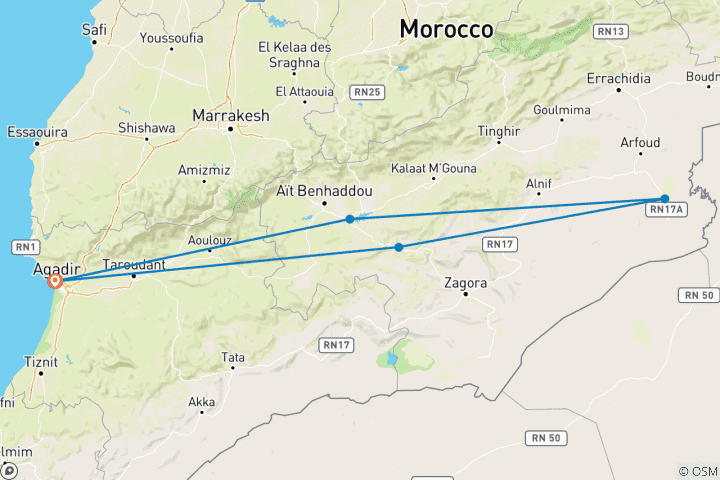 Mapa de Circuito del desierto de Agadir a Merzouga - 4 días - Circuitos privados Marruecos