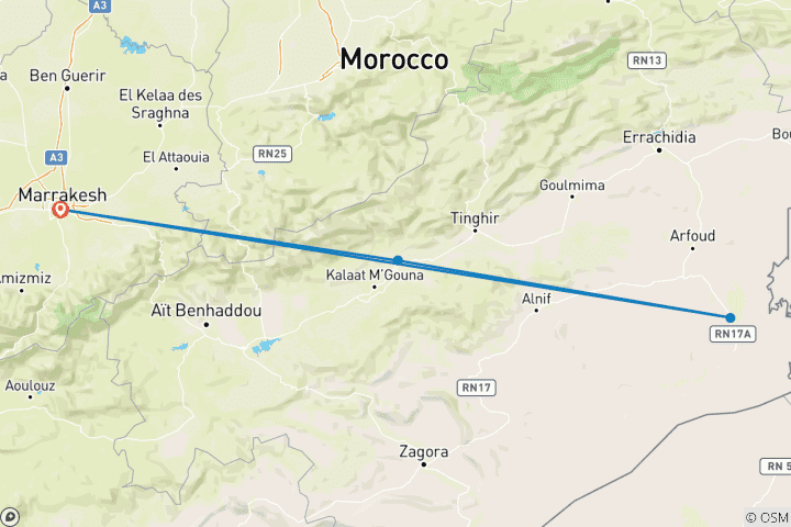 Karte von Luxoriöses Marokko von Marrakesch zu den Erg Echabbi Dünen 3 Tage